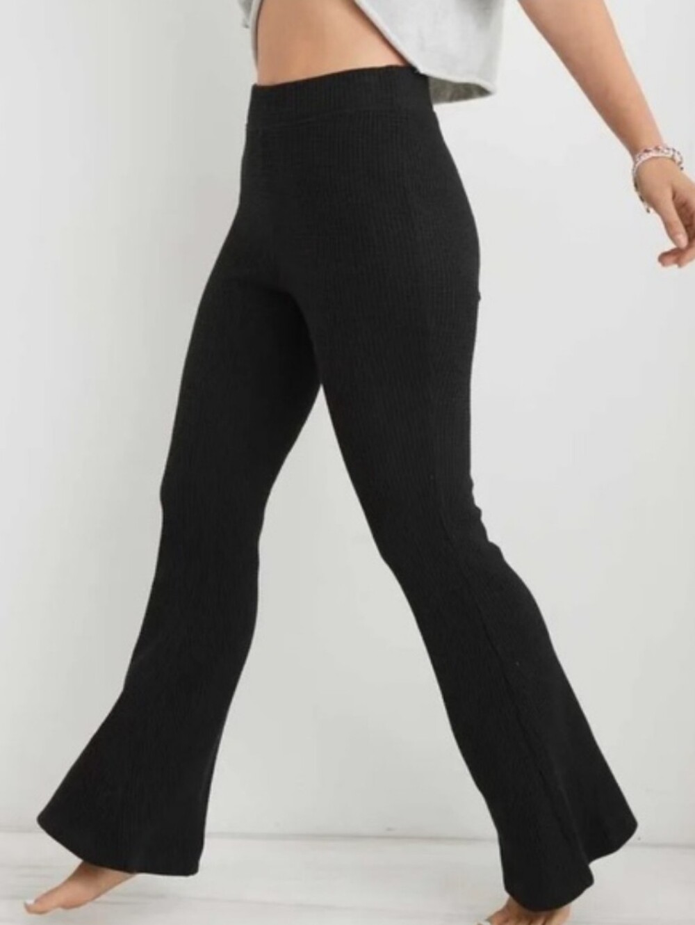Aerie Waffle Knit Flare Pants High Rise Pull On Black Womens Size XL Cozy